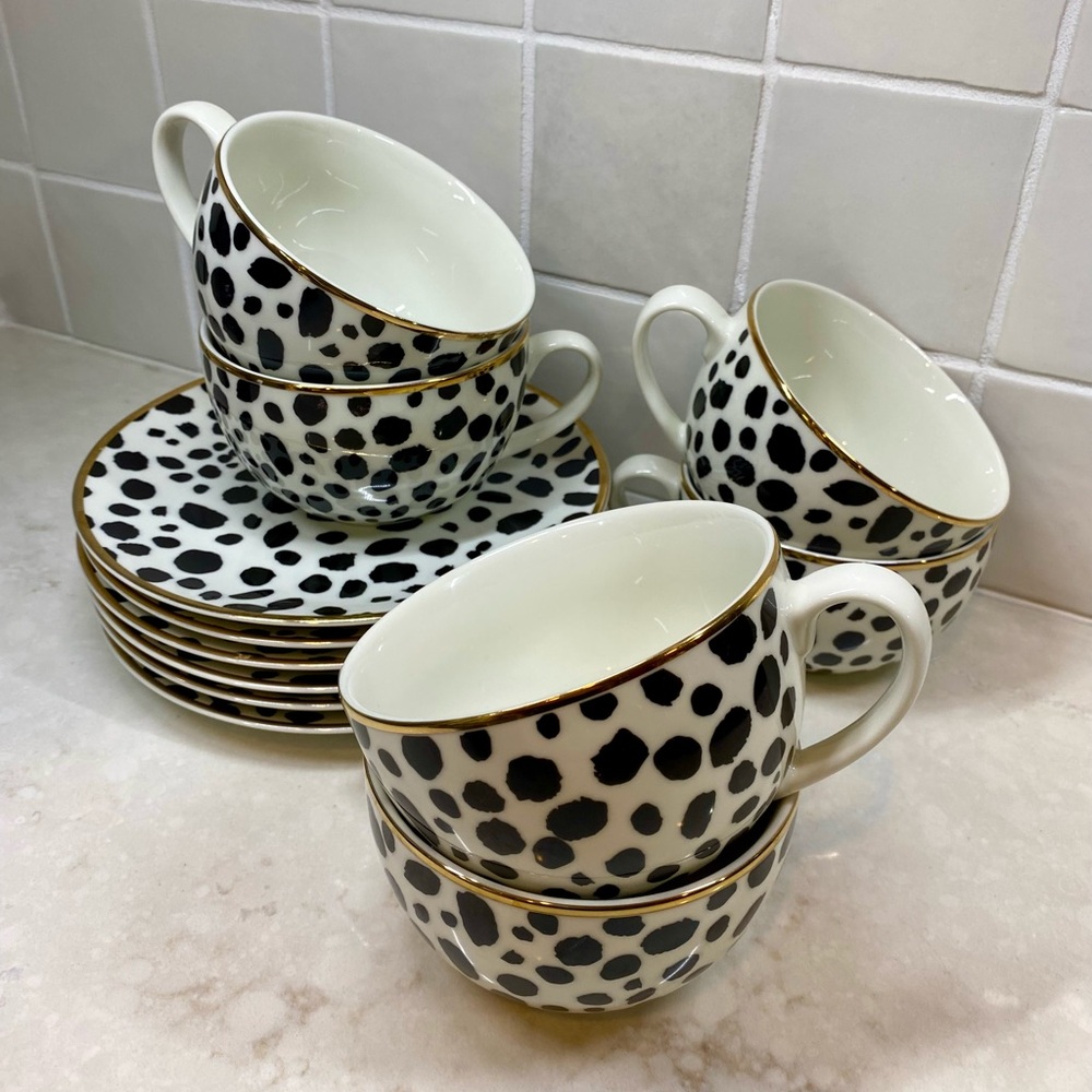 H&M Home Large Cup and Saucer- Black and White Polka Dots with Gold Rim (6 each)